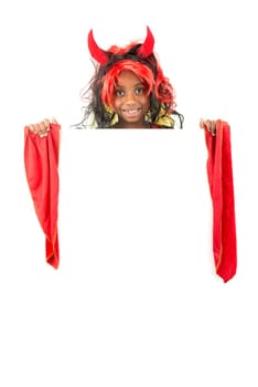 Girl with Halloween costume over a white board