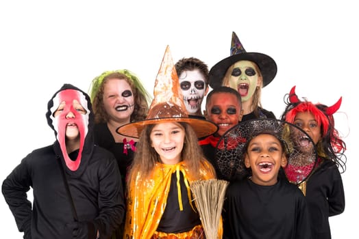 Kids with face-paint and Halloween costumes isolated in white