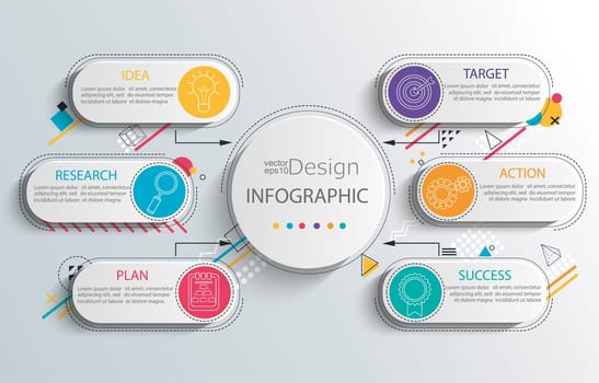 Presentation business infographic template with 6 options and abstract geometric pattern. Vector illustration.