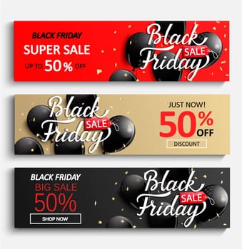 Set of sale banners for black friday. Black, gold and red discount cars with shiny balloons and golden spangles. Vector illustration.