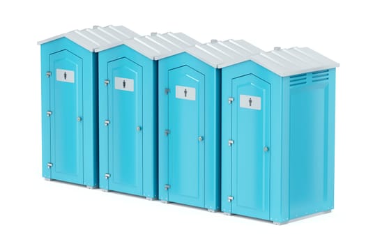 Row with four portable plastic toilets on white background