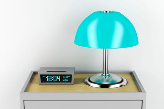 Digital alarm clock and electric lamp on modern nightstand