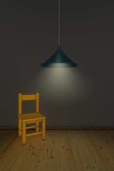 chair and ceiling lamp in dark room - 3d rendering