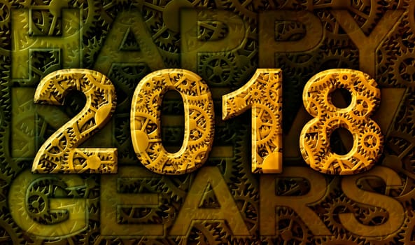 The year 2018 and the words Happy New Gears illustrated with a pattern of interlocking gears.