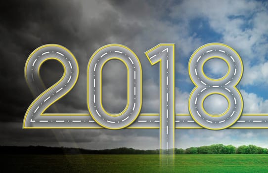3D Illustration of the year 2018 made from roads with the background transitioning from dark and stormy to sunny and green..