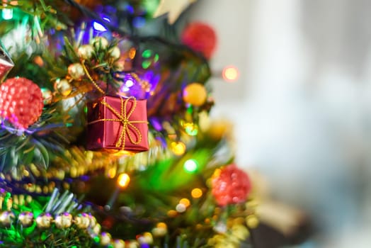 red box gift with christmas tree on blur background, 2018 happy new year concept, selective focus