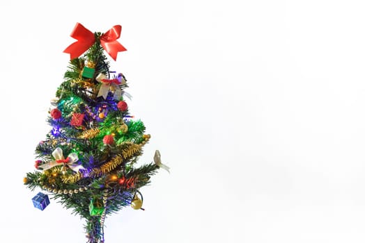 decorated christmas tree with light and gift on white background, 2018 happy new year concept, copyspace