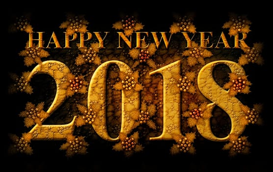 3D illustration of the words Happy New Year 2018 integrated with a background of golden Holly plants.