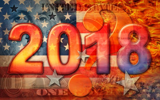 The year 2018 set on a background made up of the U.S. flag, flames, Washington from the dollar bill, and a large question mark. 3D illustration