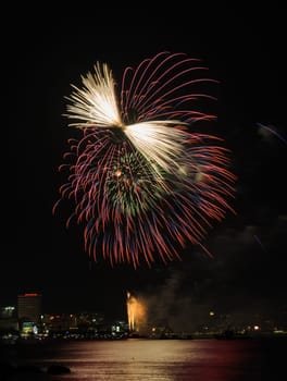 Colorful firework at Pattaya coast with cityscape background, Thailand