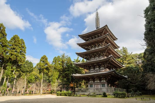 Five story wooden pagoda at Daigoji temple in Kyoto, Japan