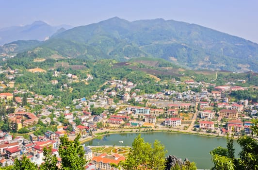 Aerial view of Sapa lake and town in Vietnam