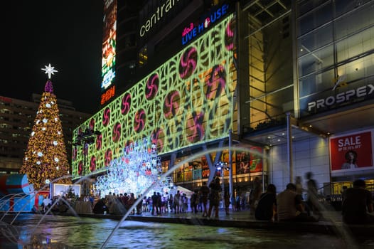 BANGKOK, THAILAND - DECEMBER 21, 2015 : Night illumination of Christmas and New Year celebration 2016 at Central World shopping mall, Ratchaprasong intersection in Bangkok, Thailand