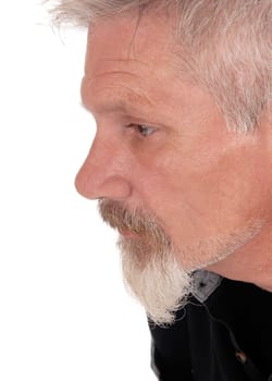 A close up portrait image of a gray haired man with a gray beard and .mustache, looking straight ahead, isolated foe white background.