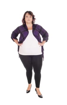 A lovely overweight woman in her forties standing from front in tights,.isolated for white background.