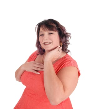 A close-up image of an plus size woman in a red dress with her hand .on her face, isolated for white background.