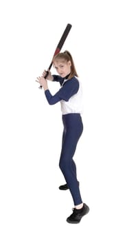 A young slim woman playing softball, swinging her bad to hit the ball.in a blue uniform, isolated for white background.