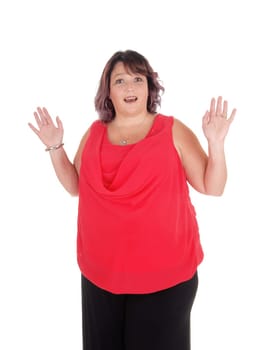 A close up image of a surprised woman holding her hands up.with her mouth and eyes open, isolated for white background.