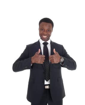 A close up image of a smiling African businessman sign thumps up .standing  in a dark suit, isolated for white background.