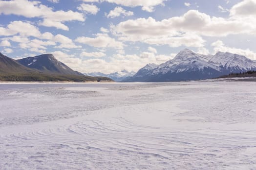 Snowy winter landscape of Abraham Lake, Alberta Canada.