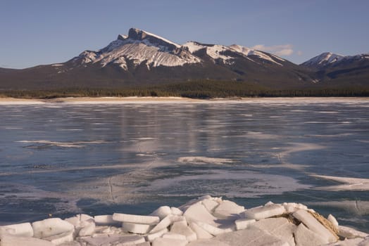 Landscape of icy Abraham Lake with icy chunks in the foreground and mountains in background.
