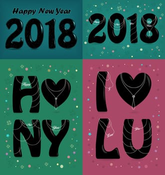 Happy New Year 2018. I love you. Four retro cards with black abbreviation by artistic font and pearl necklaces. White texts are as pendants. Illustration