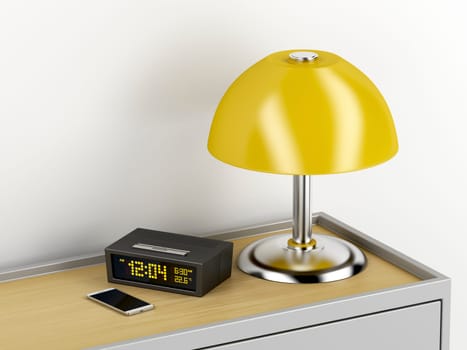 Nightstand with smartphone, digital alarm clock and electric lamp on it
