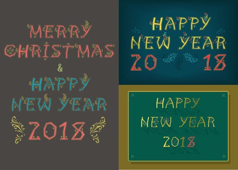 Happy New Year 2018. Merry Christmas. Three retro cards with inscriptions by artistic country font. Illustration