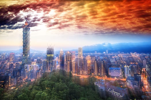The taipei night view over the Xinyi District at twilight