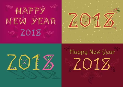 Happy New Year 2018. Four retro cards with inscriptions by artistic font. Country folk style. Illustration