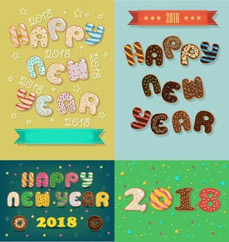 Happy New Year 2018. Four retro cards with inscriptions by artistic font. Sweet colorful donuts.  Illustration