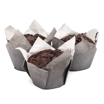 Closeup of a Magdalena Typical Spanish Chocolate Muffin. Sweet Food or Dessert. Three Fresh Baked Muffin Isolated on White Background in American Style. Irresistible Tasty Cake.