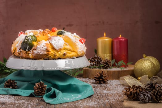 Bolo do Rei or King's Cake, Made for Christmas, Carnavale or Mardi Gras with Present Wrapping in Background