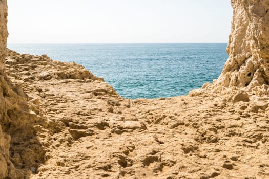 Summer Atlantic ocean rocky coastline near Carvoeiro town, Lagoa, Algarve - Portugal.