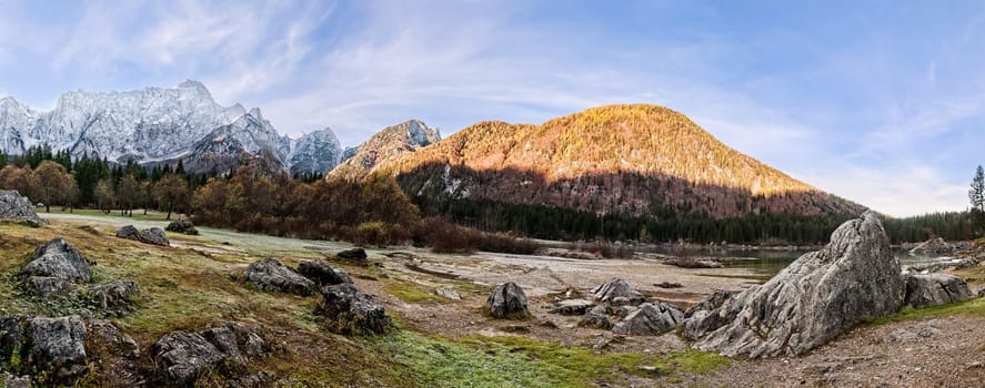 Mountains panorama.  Alpine landscape with lake. Lake of Fusine,Tarvisio,Italy.