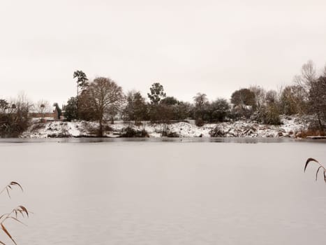 frozen over winter lake december outside country trees  essex  england  uk