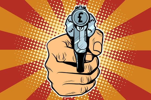 pound currency money Finance revolver in hand. Pop art retro vector illustration
