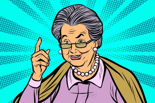 elderly woman pointing finger up. Pop art retro vector illustration