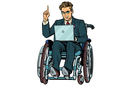 businessman in wheelchair isolated on white background. Pop art retro vector illustration