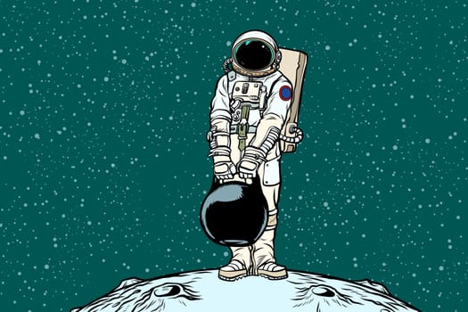 Astronaut with cargo weights. Pop art retro vector illustration