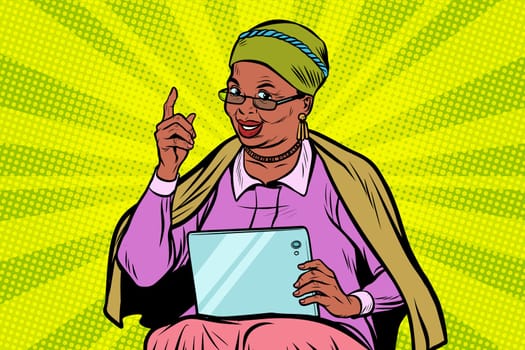 African elderly woman with a tablet. Pop art retro vector illustration