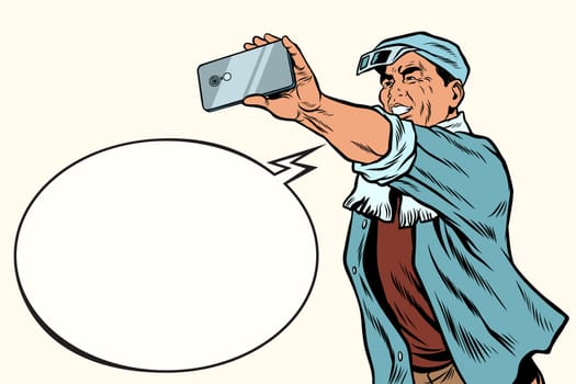 Asian factory worker makes a selfie. Shooting on a smartphone. Pop art retro vector illustration