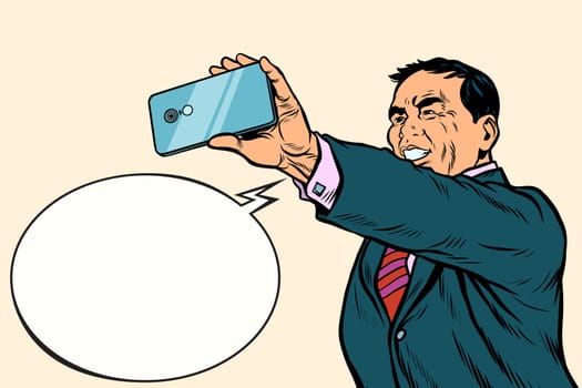 Asian businessman makes selfie. A picture of the phone. Pop art retro vector illustration