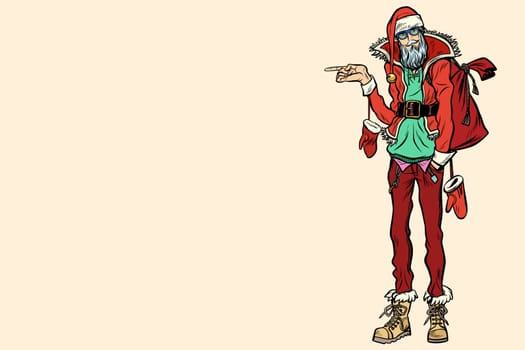 Hipster Santa Claus pointing sideways. Christmas holiday and New year. Pop art retro vector illustration. neutral background