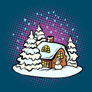 fabulous gingerbread Christmas house in the snow. Snowman. Pop art retro vector illustration.