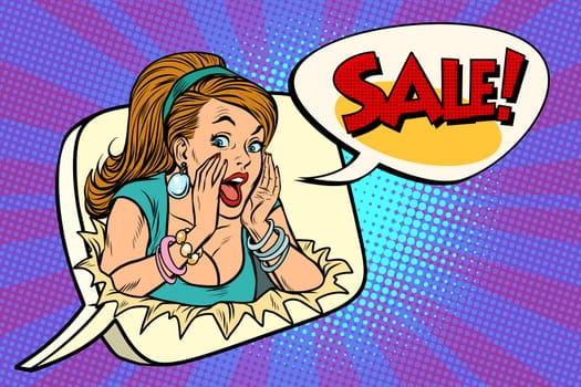 sales woman breakthrough paper background message. Pop art retro vector illustration