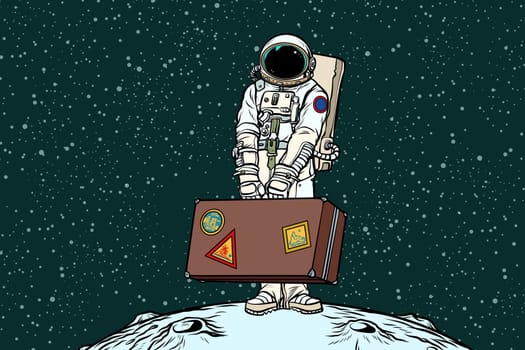 Astronaut traveler with travel suitcase. Refugees and migration. Ecology and problems of the Earth. Pop art retro vector illustration