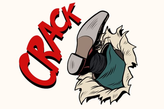 crack Kick breakthrough paper background. Pop art retro vector illustration