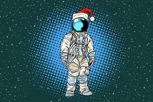 Christmas lone astronaut in the Santa hat. Pop art retro vector illustration.