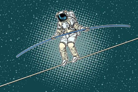 Astronaut tightrope Walker, the risks of a researcher of science. Pop art retro vector illustration.